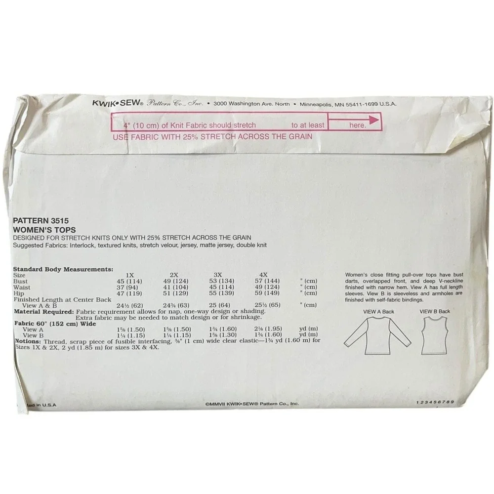 Kwik Sew 3515 Women's Plus Size Tops 1X-4X Stretch Knit Pattern UNCUT FF